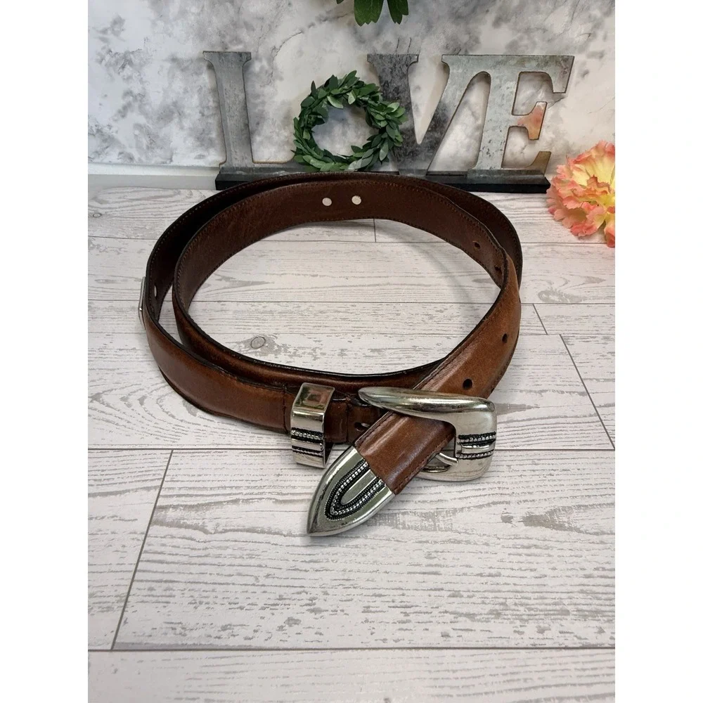 Vintage Brown Silver Tone Buckle Mens Belt Top Grain Leather Size 42 Fits to 44